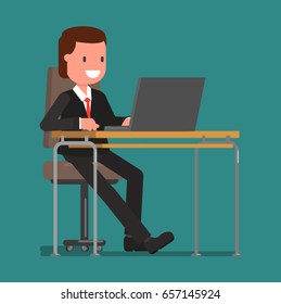 Cheerful businessman working while sitting at the computer. vector illustration of a flat style design