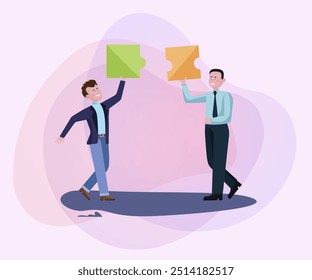 Cheerful businessmen connecting puzzle pieces. Men working together flat vector illustration. Teamwork, celebration, unity concept for banner or website design