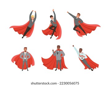 Cheerful businessmen superheroes in suits and red cloaks set cartoon vector illustration