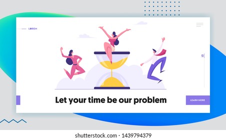 Cheerful Businesspeople Jumping with Hands Up around Huge Hourglass, Teamwork, Deadline, Time Management in Working Process. Website Landing Page, Web Page. Cartoon Flat Vector Illustration, Banner