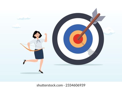 Cheerful businesswoman archery shot arrow to hit big target, achieve target, reach goal or success female entrepreneur, aiming to hit bullseye target concept (Vector)