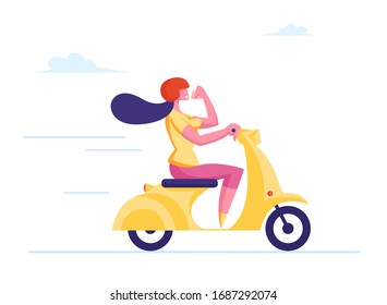 Cheerful Businesswoman Character Wearing Protective Helmet Riding Moped and Drinking Coffee. Woman Office Worker Using Scooter Eco Transport Vehicle for Moving at Work. Cartoon Vector Illustration