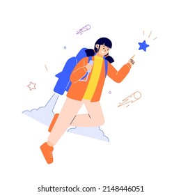Cheerful businesswoman flying off with jet pack vector flat illustration. Female office worker flying up by rocket and take off the ground. Business concept career boost, start up and growth
