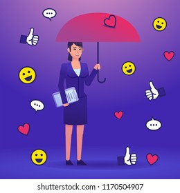 Cheerful businesswoman holding umbrella and standing near falling social media icons. Successful social media. Colorful design vector illustration