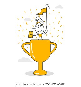 Cheerful businesswoman raising flag on winner cup. Victory or business success, winning victory or award, achievement for leadership success, determination for career success concept.