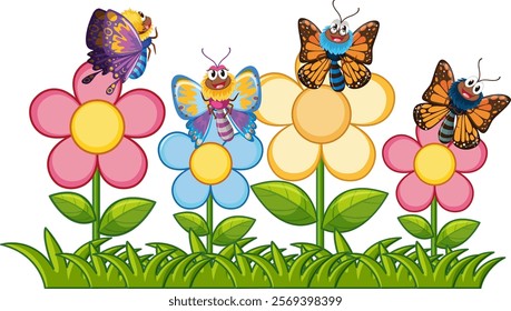 Cheerful butterflies fluttering among bright, blooming flowers