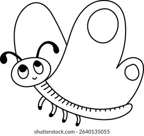 A cheerful butterfly with large wings and a smiling face in a cartoon style. The insect features curved antennae and circular patterns on its wings. Cartoon vector illustration.
