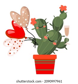Un cactus alegre con globos y un vaso. Vector clipart.