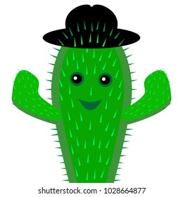 Cheerful cactus in black hat. Isolated vector image. Funny cartoon print, illustration.