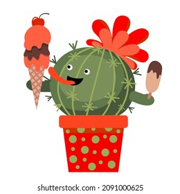 Un cactus alegre come paletas y helados. Vector clipart.