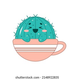 A cheerful cactus with a kawaii-style face. Cute cactus in a mug. Cartoon character of a plant. Vector illustration