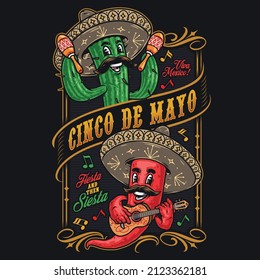 Cheerful cactus with mustache and chili pepper in sombrero playing musical instruments, cinco de mayo concept, vector illustration