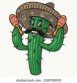 Cheerful cactus with mustache wearing sombrero shaking maracas in vintage style, vector illustration