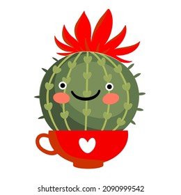 A cheerful cactus in a red cup. Vector clipart.