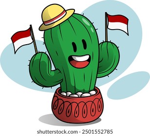 A cheerful cactus in a red pot, adorned with two small Indonesian flags, celebrates Indonesia’s Independence Day with a festive spirit