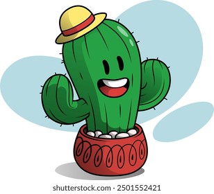 A cheerful cactus in a red pot, wearing a yellow hat, adds a fun and friendly touch to any design