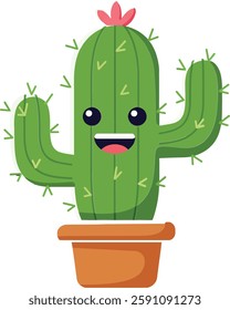 A cheerful cactus with a smiling face and pink flower sits in a simple brown pot, radiating a playful and friendly mood.