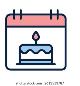 A cheerful, calendar icon featuring a birthday cake with a lit candle