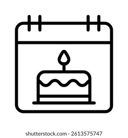 A cheerful, calendar icon featuring a birthday cake with a lit candle