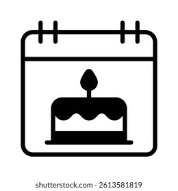 A cheerful, calendar icon featuring a birthday cake with a lit candle