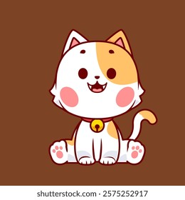  A cheerful calico cat with pink cheeks and a bell collar sitting on a brown background.