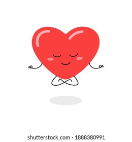 Cheerful calm heart character levitating in lotus pose. Vector flat illustration isolated on white background 
