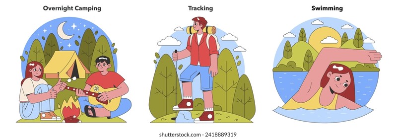 Cheerful campers enjoy a starry night, a hiker embarks on a scenic trail, and a swimmer delights in a sunny lake swim in these lively vector illustrations