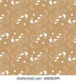 Cheerful candy cane and bow sketch seamless pattern in doodle style. Hand drawn design in brown color. Vector Illustration for holidays design. Wrapping paper.