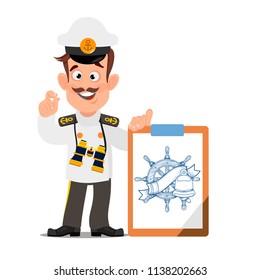 Cheerful captain in cartoon style. A template for a poster or page with a place for text.