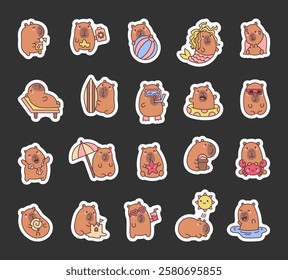 Cheerful capybara cartoon character set enjoying fun summer beach adventures with marine accessories, relaxing moments, charming decorations, and adorable emotions in various poses