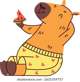 Uma capivara alegre em shorts de padrão cardíaco desfruta de uma fatia de melancia em um estilo de desenho animado divertido. A expressão de conteúdo da Capybara e postura relaxada adicionam charme. Ilustração de vetor de desenhos animados.