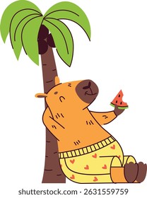 A cheerful Capybara in shorts leans against a palm tree holding a watermelon slice in cartoon style. The creature enjoys a tropical vibe with a fruit snack. Cartoon vector illustration.