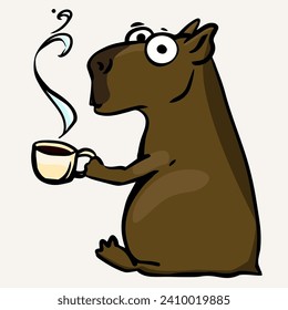 Un alegre capibara se sienta con una taza de café. Dibujo de vectores