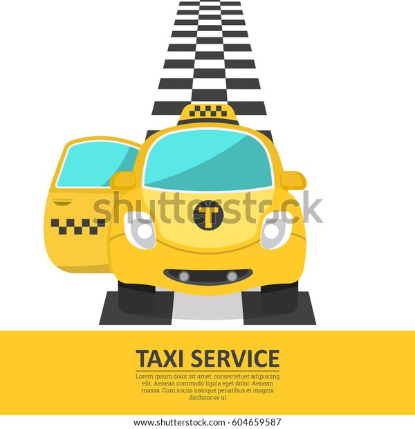 The\
cheerful car of a taxi with an open passenger door. The passenger\
vehicle on a chess path. A banner, a poster, design elements for\
the business card, advertizing. Vector\
illustration.