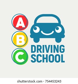 Cheerful car and traffic light. Driving School. Logo design. Vector illustration. 
