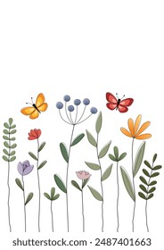 Cheerful card with colorful flowers and butterflies. Free space for text. Template for invitations, greetings, social media posts and advertising.