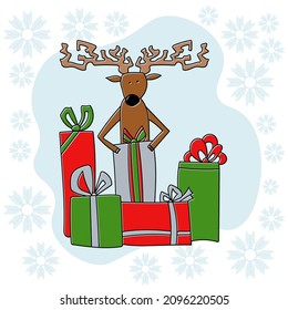Cheerful card with a positive deer in doodle style among bright gift boxes vector illustration