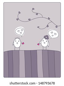 cheerful card. two cute birdies give each other hearts. vector illustration. 
