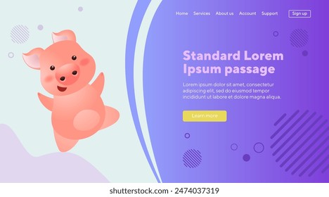 Cheerful carefree pink pig character. Excited cartoon character dancing, having fun. Symbol of year concept. Can be used for website design, landing page, banner