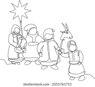 Cheerful carolers with a star. Continuous one line drawing. Vector illustration. Merry Christmas. Hand drawn without artificial intelligence.