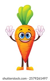 Cheerful carrot character with both hands raised, smiling and excited. Vector cartoon illustration