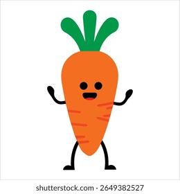 Cheerful carrot character with vibrant leaves vector illustration. ideal for children vitamin packaging and agricultural education materials.