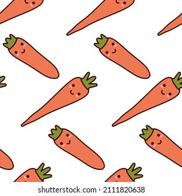 Cheerful carrot. Pattern with healthy vegetable food for kitchen textile design, fabric. Seamless texture with root vegetables on white background for design vegan diet menus. Illustration for kids.