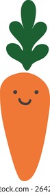 A cheerful carrot with a smiling face and leafy top in a flat style. The vegetable character features simple lines and a friendly expression. Cartoon vector illustration.