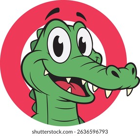 Cheerful cartoon alligator head. Friendly green gator mascot with a big smile, popping from a red and white circular badge. Retro comic art style.