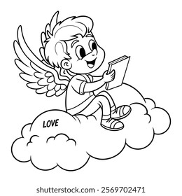 A cheerful, cartoon angel, holding a Valentine's Day card, sits on a fluffy cloud.
