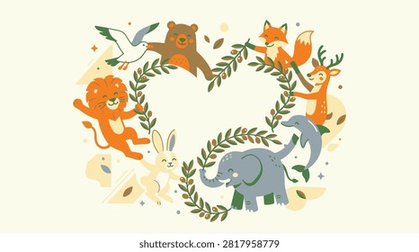 Cheerful cartoon animals dancing around a heart-shaped wreath of olive branches, celebrating peace and unity.