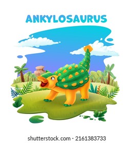 cheerful cartoon ankylosaurus on green meadow palm trees blue sky clouds natural landscape