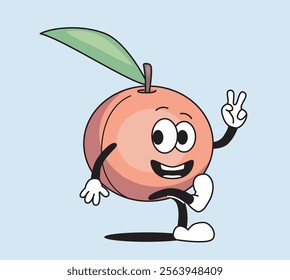 Cheerful cartoon apricot character with a green leaf, smiling and waving while showing a peace sign, isolated on a light blue background. Flat vector illustration