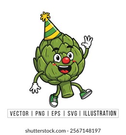 Cheerful Cartoon Artichoke Character with Party Hat Waving - Fun and Festive Vector Illustration